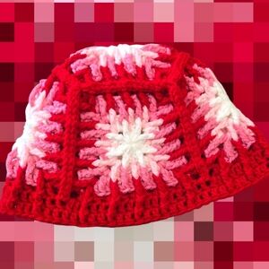 Snowflake Red/Pink Granny Square Bucket Hat, Handmade By Me, Premium Yarn, OFFER